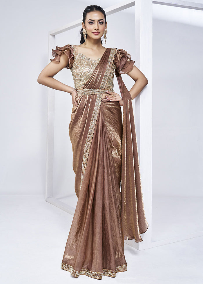 Brown Satin Silk Saree With Blouse Piece