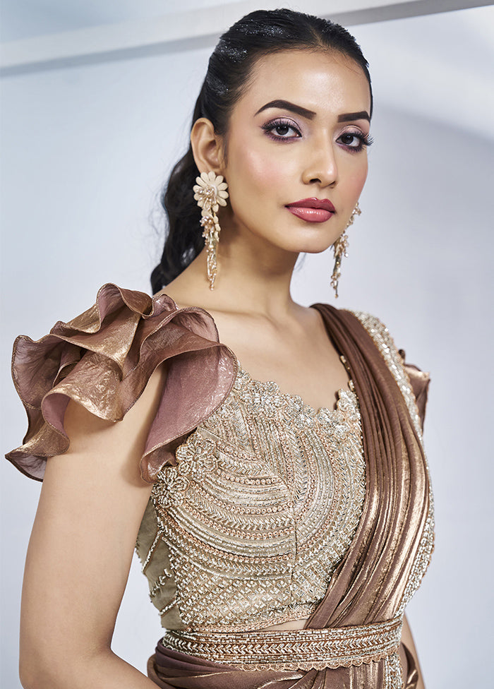 Brown Satin Silk Saree With Blouse Piece