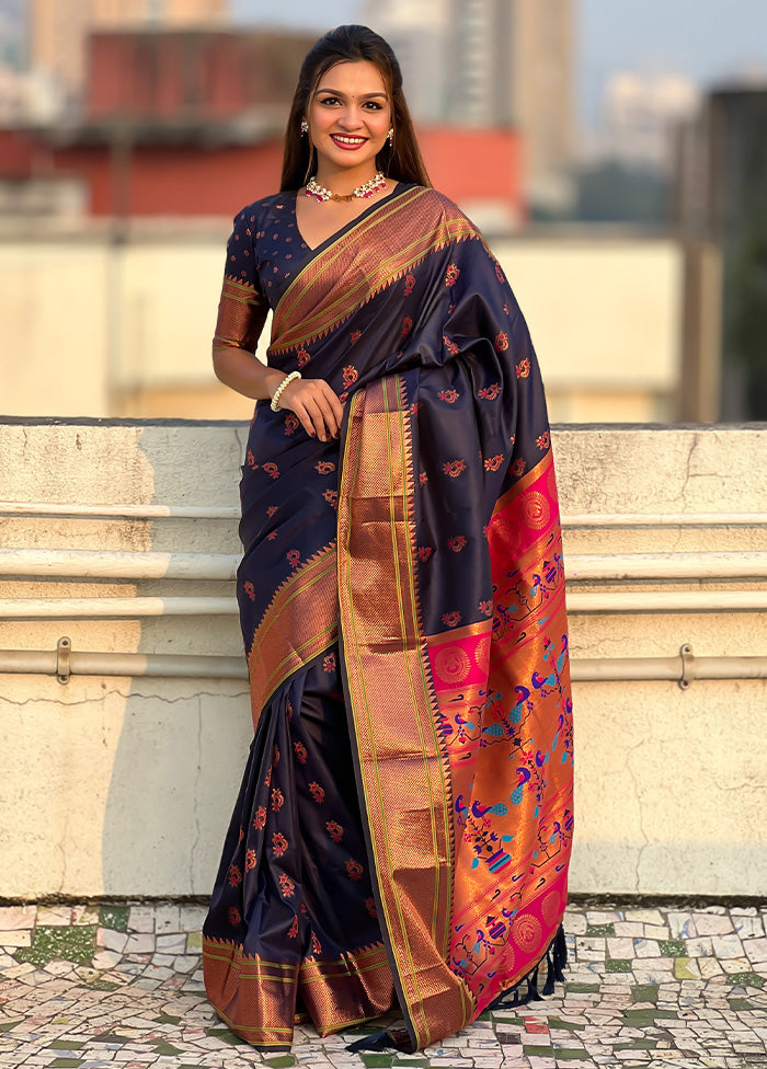 Navy Blue Spun Silk Saree With Blouse Piece