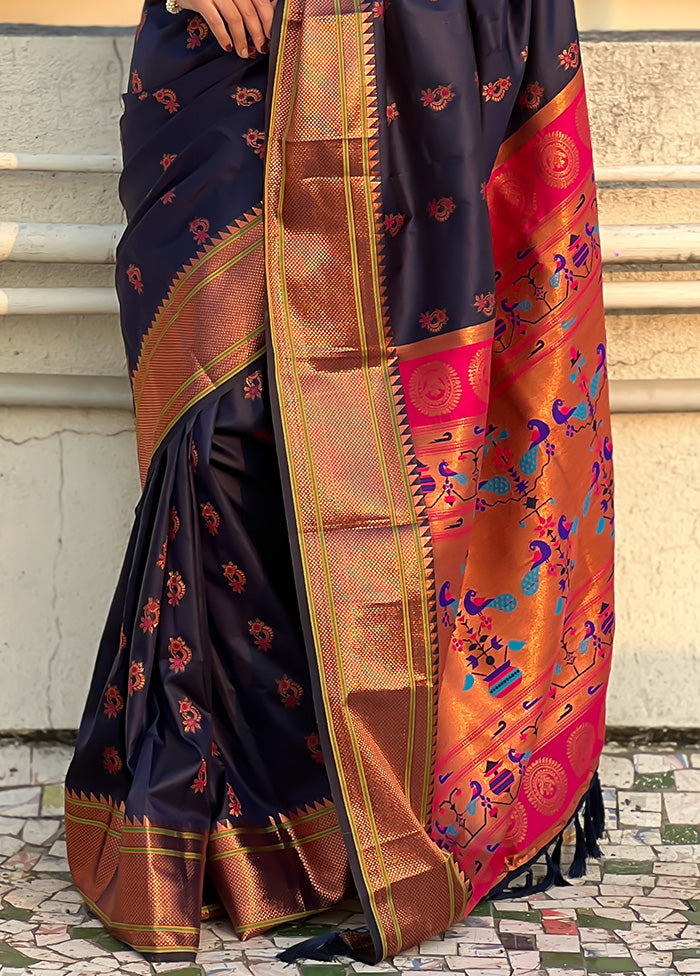 Navy Blue Spun Silk Saree With Blouse Piece