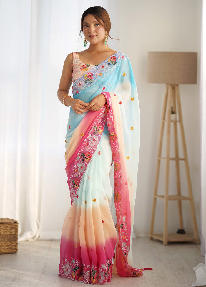 Sky Blue Georgette Saree With Blouse Piece