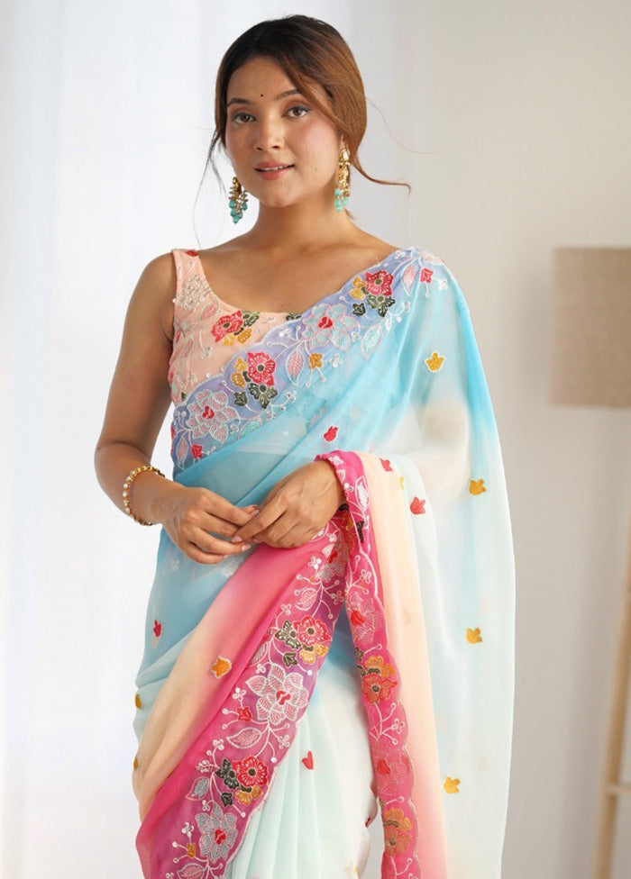 Sky Blue Georgette Saree With Blouse Piece