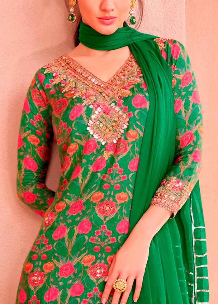 2 Pc Green Semi Stitched Silk Suit Set