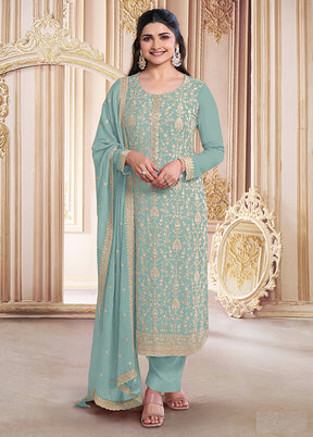 3 Pc Green Semi Stitched Georgette Suit Set