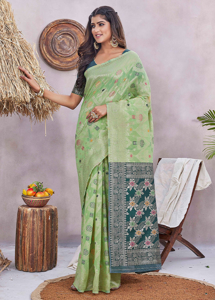 Pista Green Spun Silk Saree With Blouse Piece