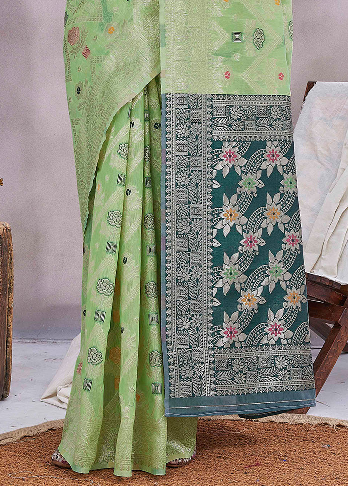 Pista Green Spun Silk Saree With Blouse Piece