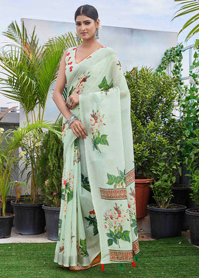 Pista Green Linen Silk Saree With Blouse Piece