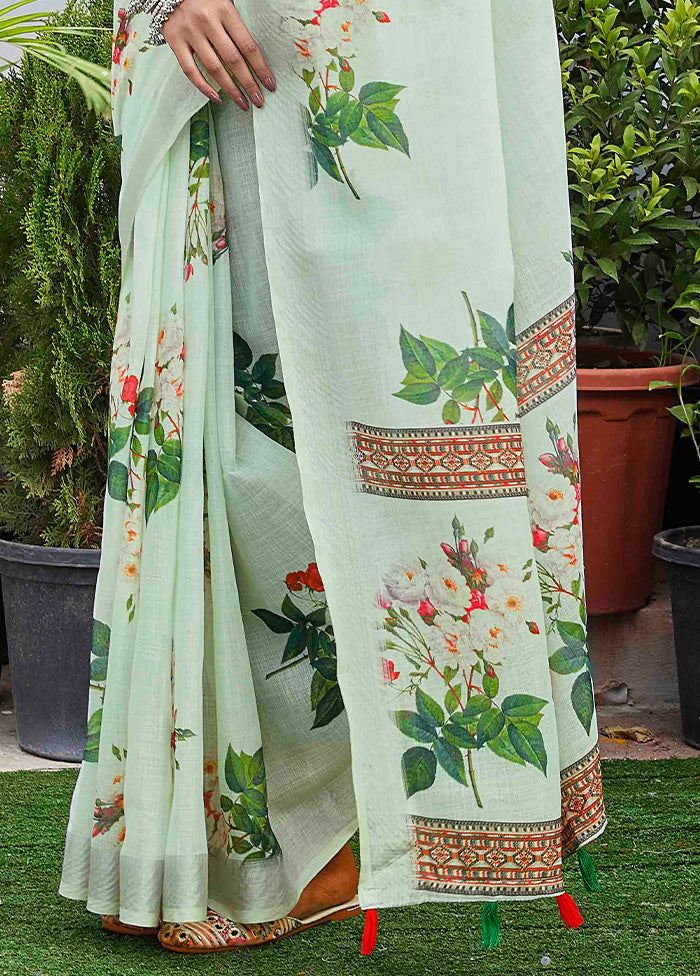 Pista Green Linen Silk Saree With Blouse Piece