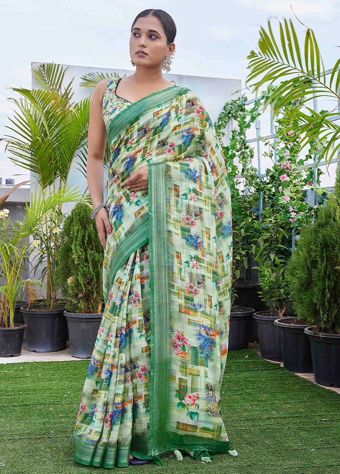 Pista Green Linen Silk Saree With Blouse Piece