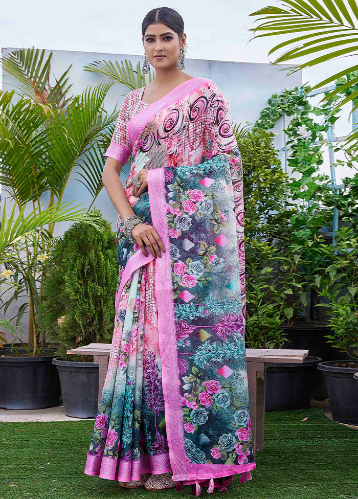 Pink Linen Silk Saree With Blouse Piece