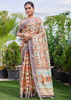 Beige Linen Silk Saree With Blouse Piece