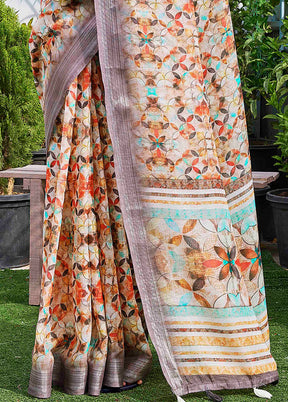 Beige Linen Silk Saree With Blouse Piece