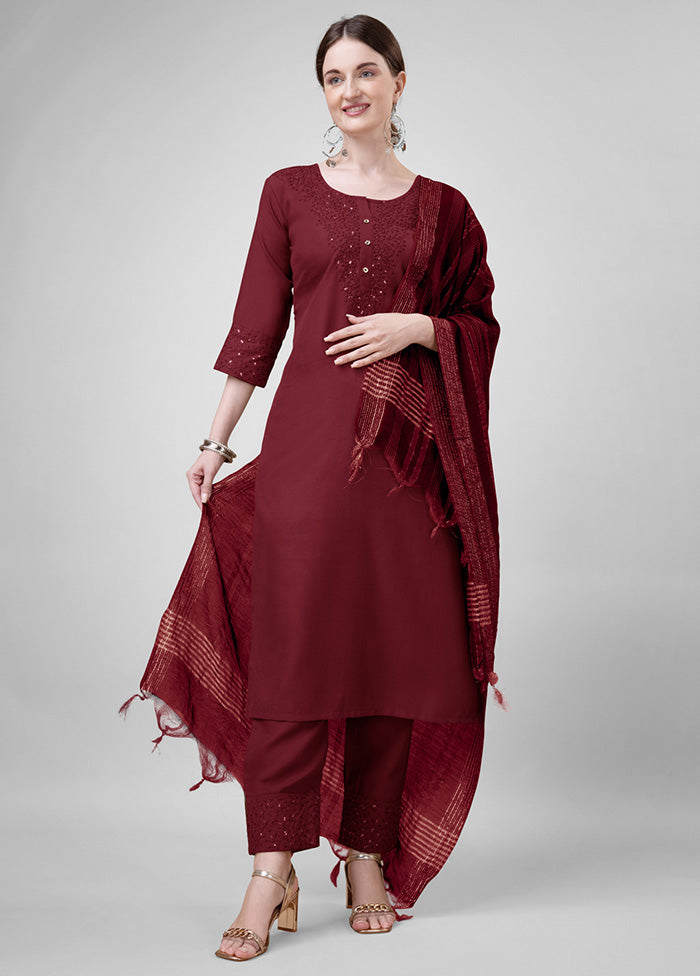 3 Pc Maroon Readymade Cotton Suit Set