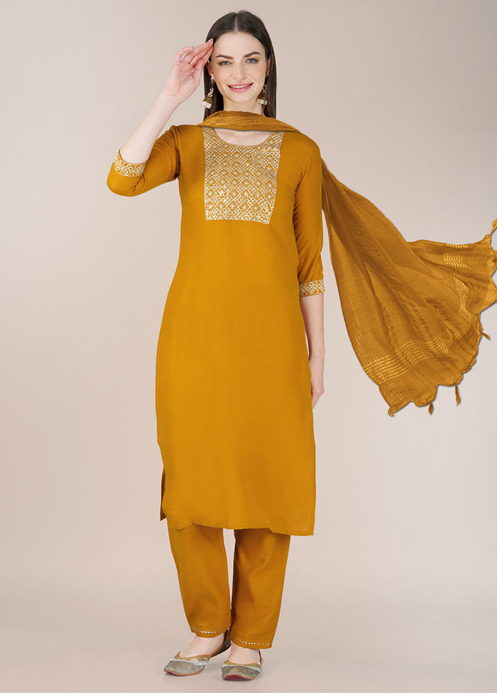 3 Pc Mustard Readymade Cotton Suit Set