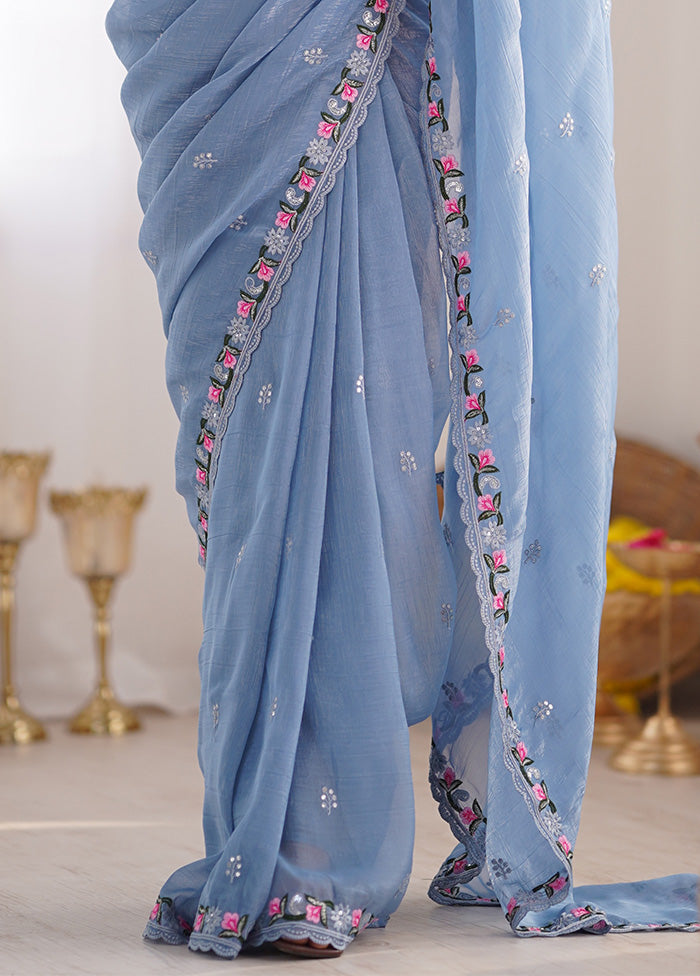 Sky Blue Spun Silk Saree With Blouse Piece