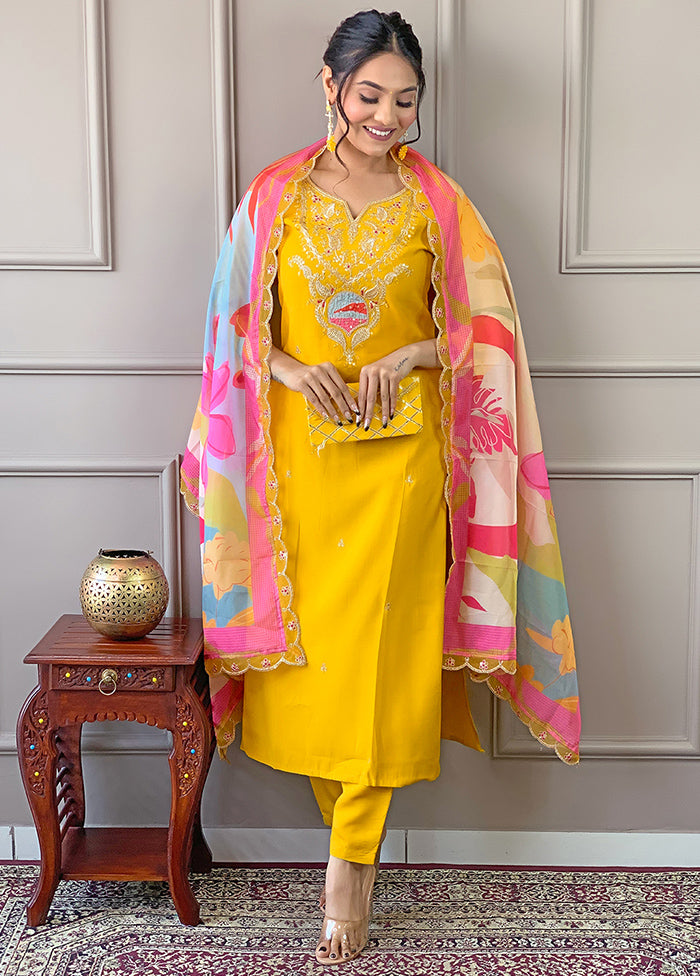 3 Pc Mustard Readymade Viscose Suit Set