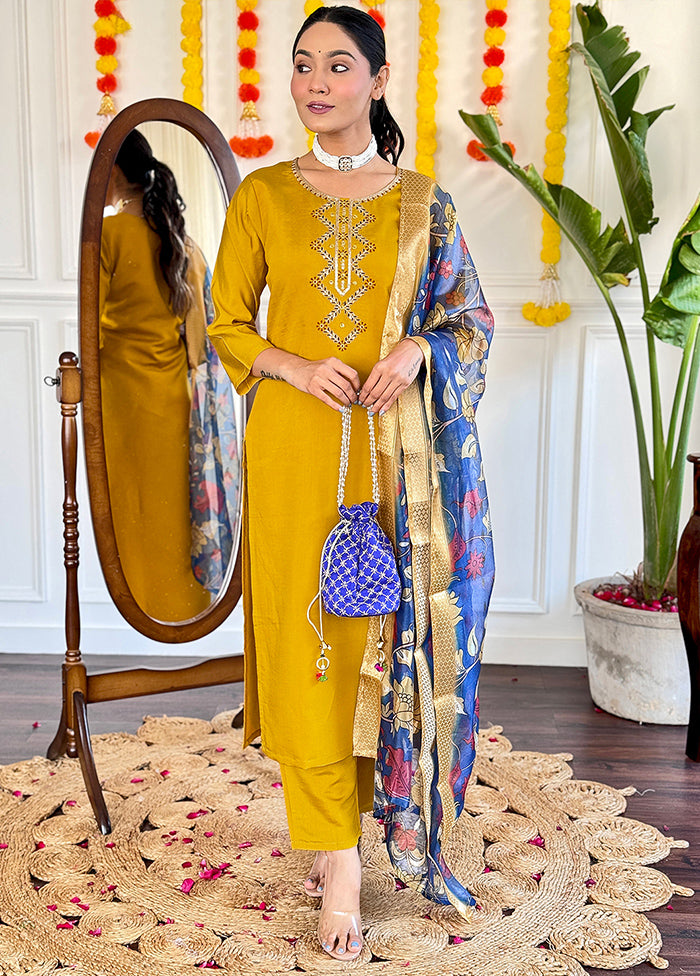 3 Pc Mustard Readymade Viscose Suit Set