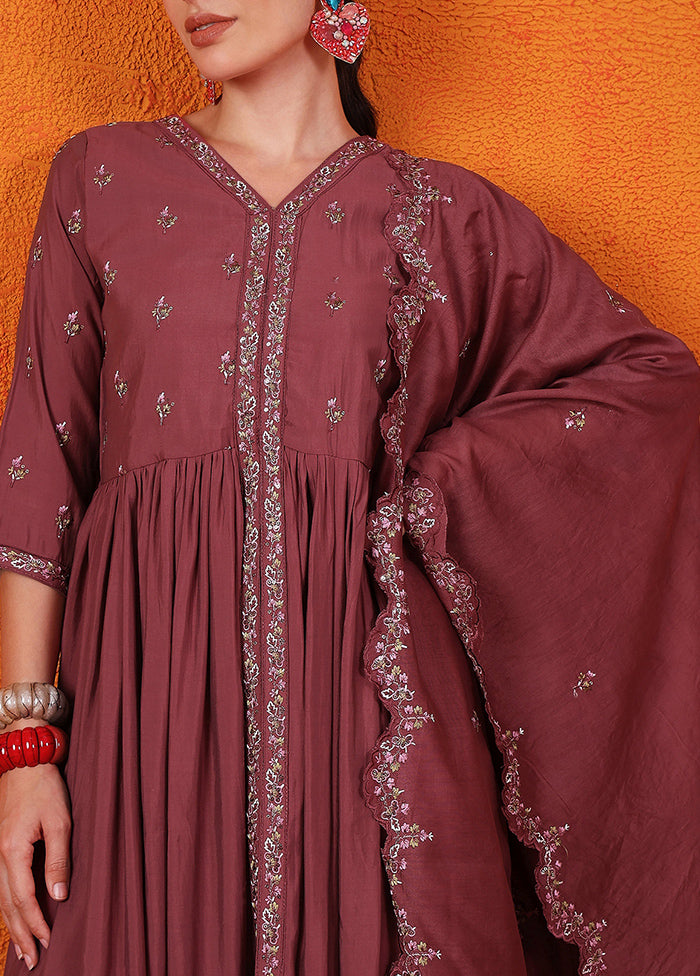 3 Pc Maroon Readymade Silk Suit Set