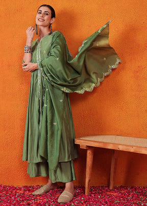 3 Pc Green Readymade Silk Suit Set