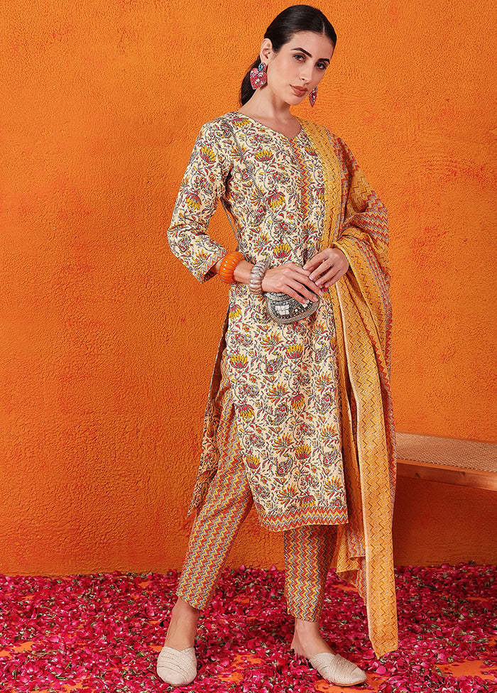 3 Pc Yellow Readymade Cotton Suit Set