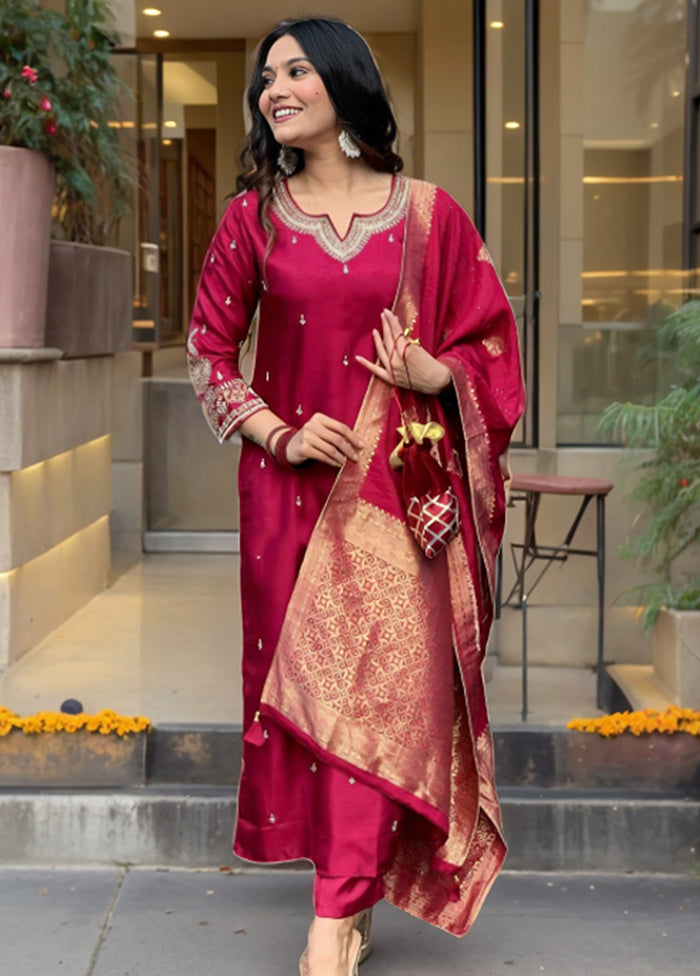 3 Pc Maroon Readymade Silk Suit Set