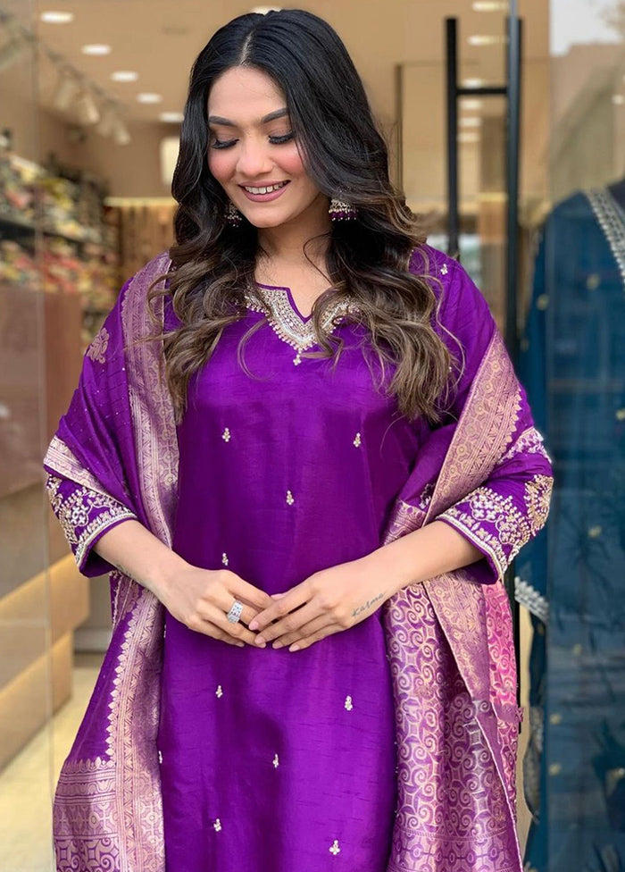 3 Pc Purple Readymade Silk Suit Set