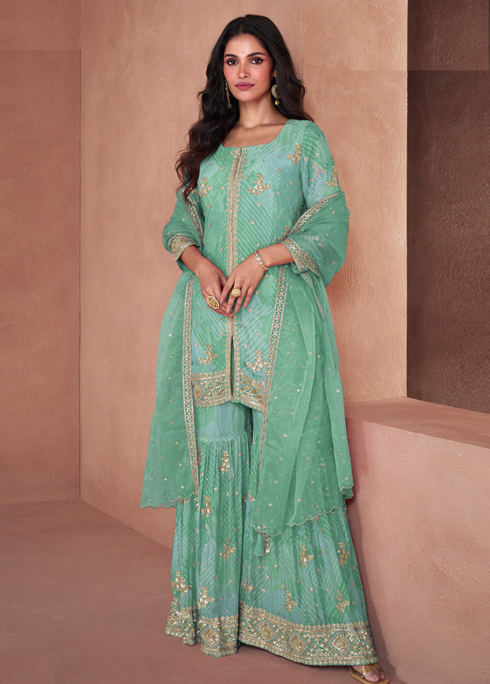 3 Pc Sea Green Semi Stitched Georgette Suit Set