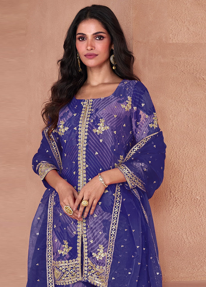 3 Pc Blue Semi Stitched Georgette Suit Set