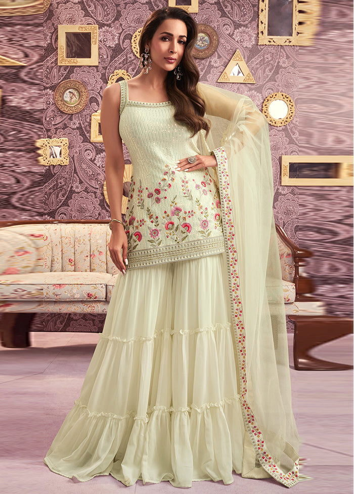 3 Pc Cream Semi Stitched Georgette Suit Set