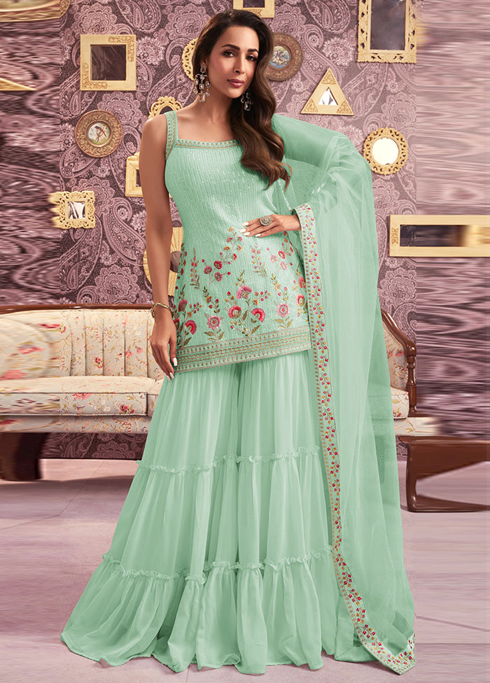 3 Pc Sea Green Semi Stitched Georgette Suit Set