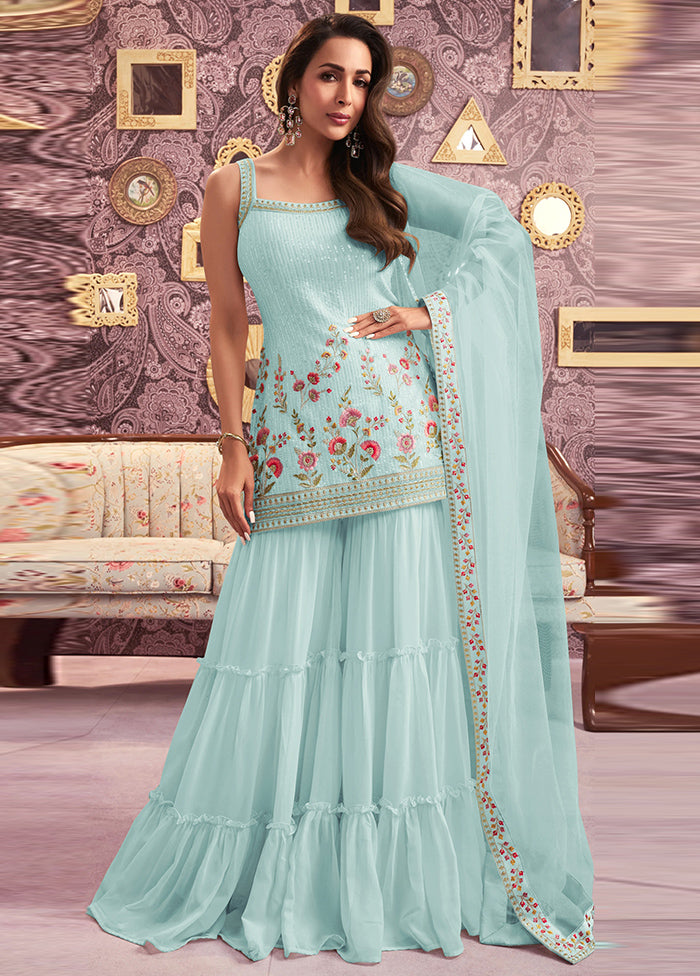 3 Pc Sky Blue Semi Stitched Georgette Suit Set