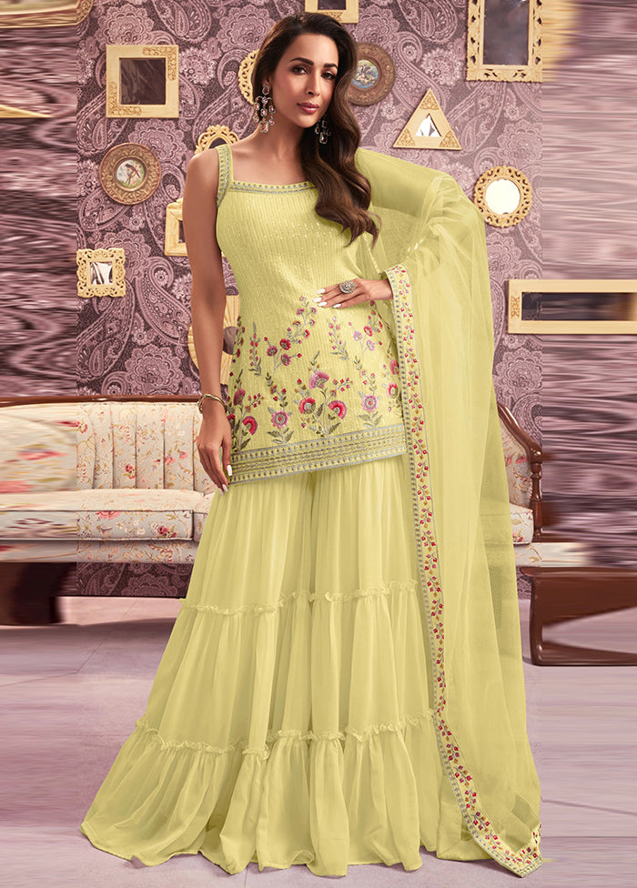 3 Pc Yellow Semi Stitched Georgette Suit Set