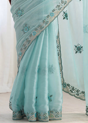 Sky Blue Spun Silk Saree With Blouse Piece