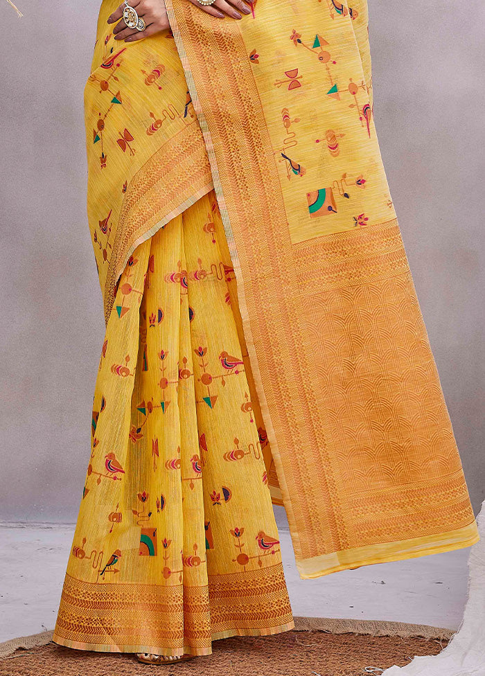 Yellow Linen Silk Saree With Blouse Piece