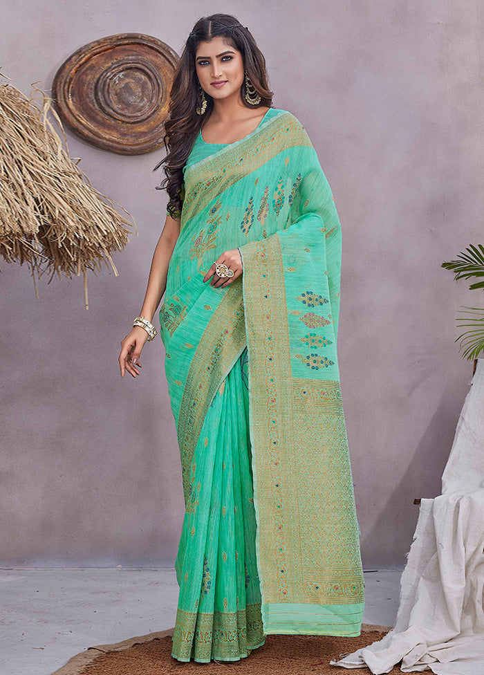 Sea Green Linen Silk Saree With Blouse Piece