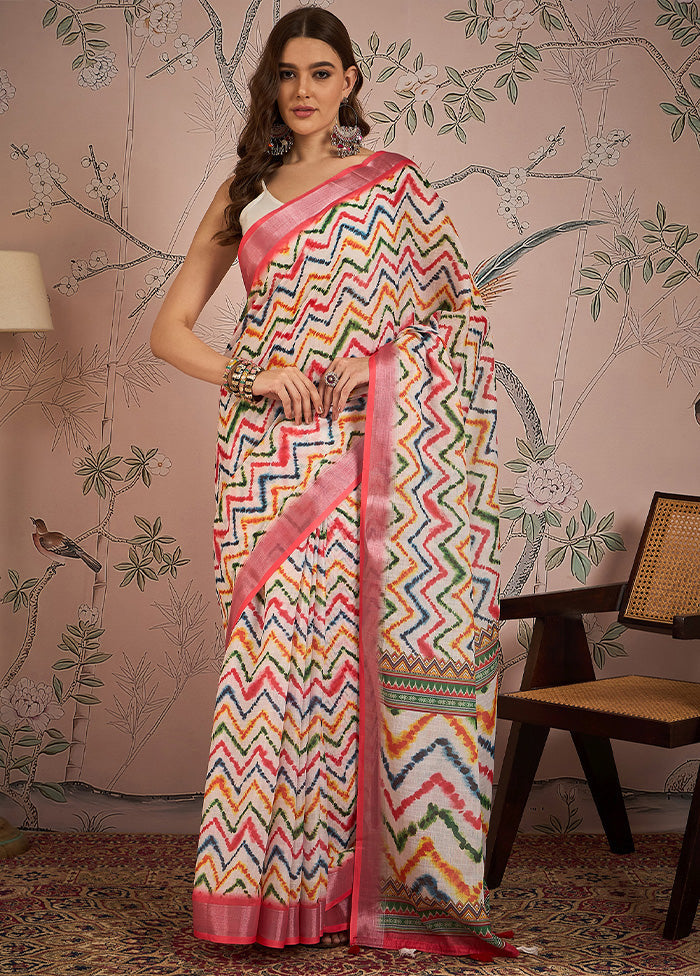 Off White Linen Silk Saree With Blouse Piece