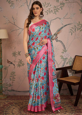 Sea Green Linen Silk Saree With Blouse Piece