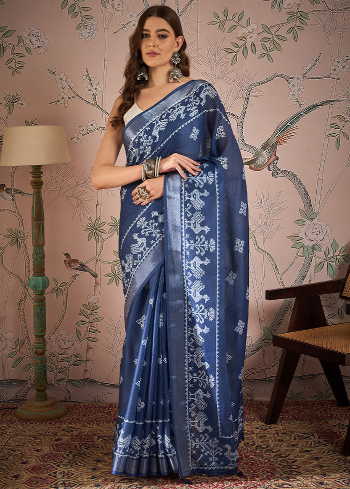 Navy Blue Linen Silk Saree With Blouse Piece