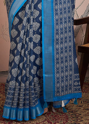 Blue Linen Silk Saree With Blouse Piece