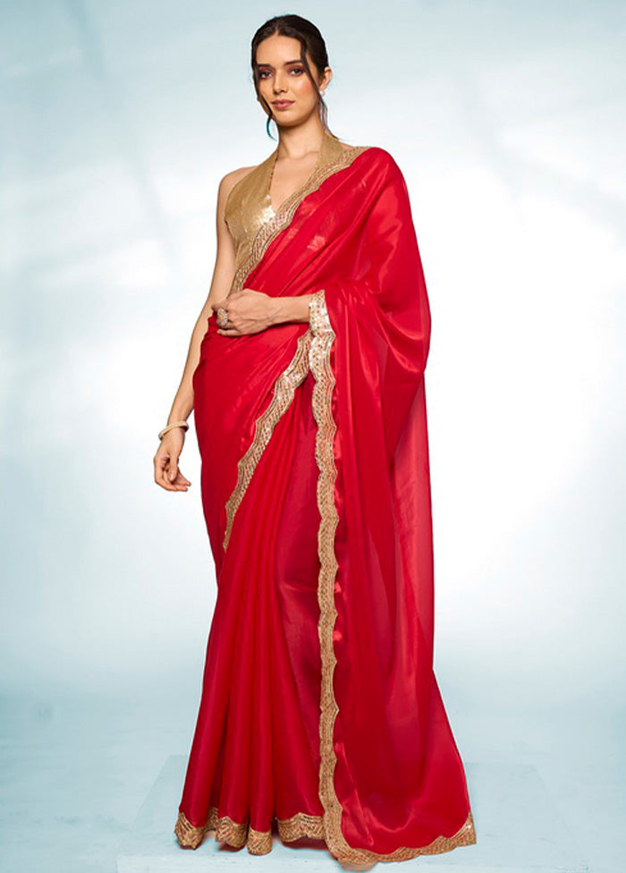 Red Spun Silk Saree With Blouse Piece