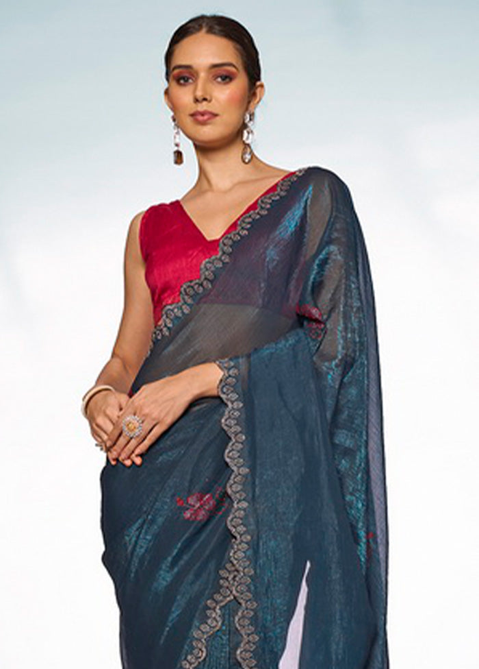 Teal Blue Organza Saree With Blouse Piece