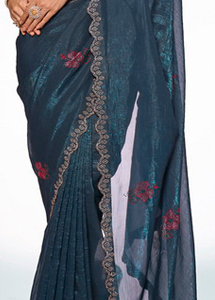 Teal Blue Organza Saree With Blouse Piece