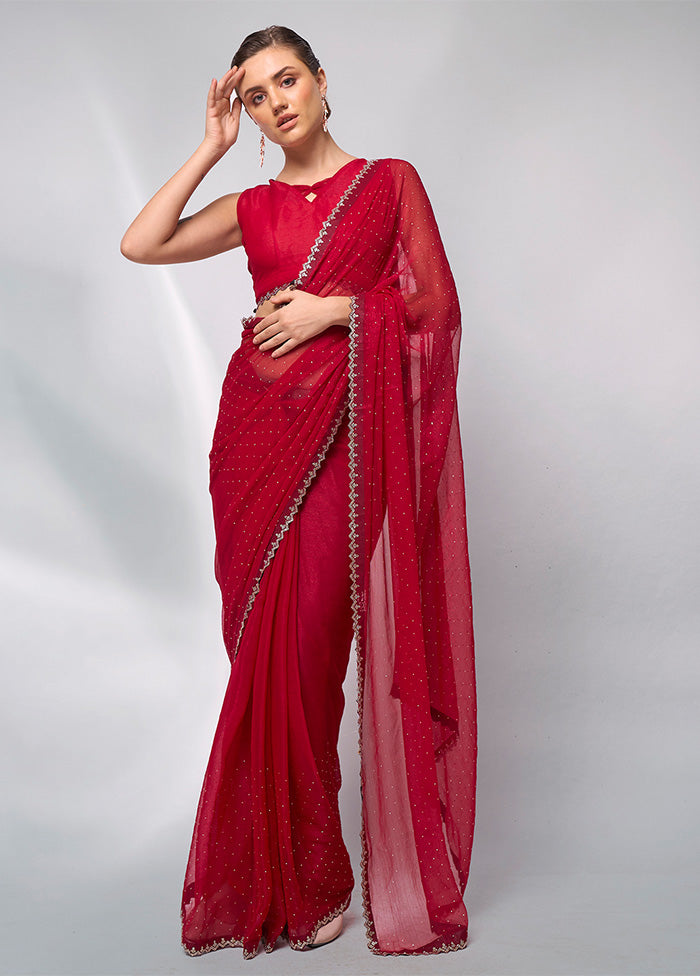 Red Spun Silk Saree With Blouse Piece