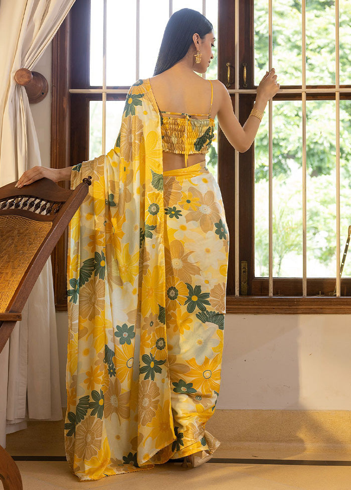 Yellow Satin Silk Saree With Blouse Piece