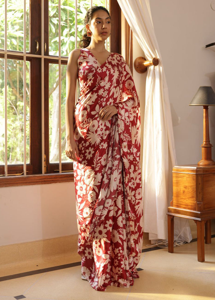 Maroon Satin Silk Saree With Blouse Piece
