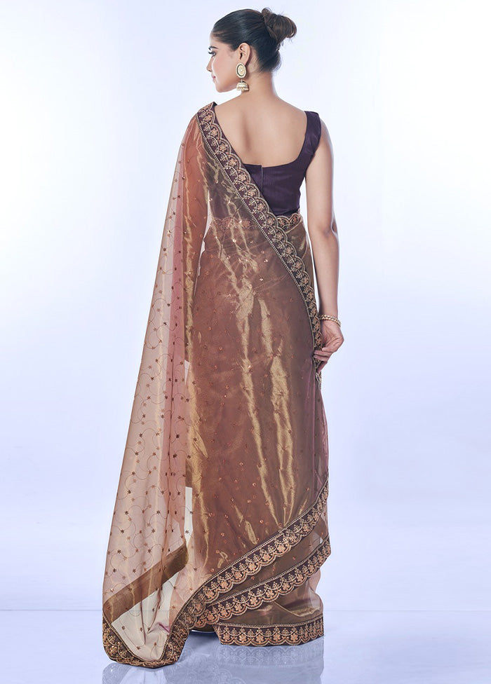 Brown Net Saree With Blouse Piece