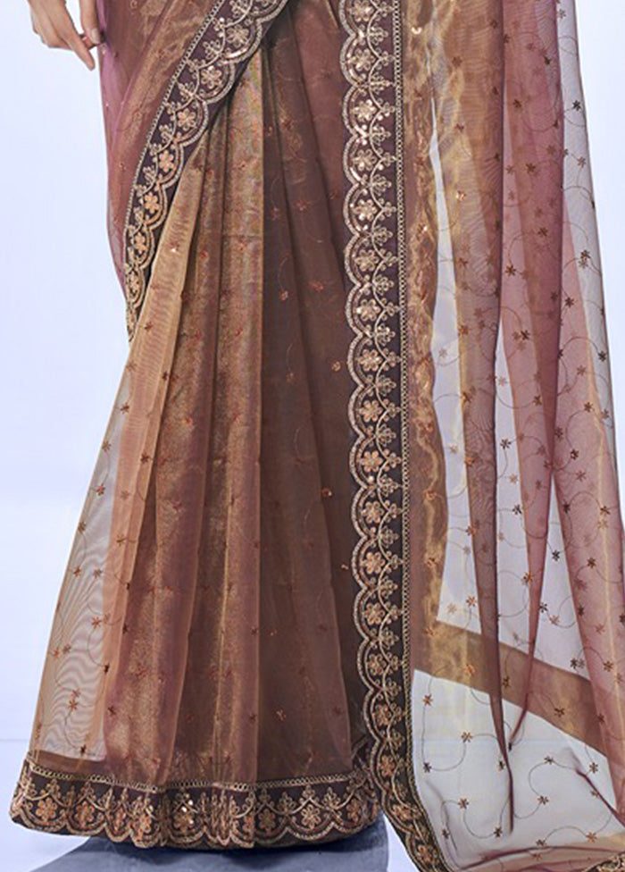 Brown Net Saree With Blouse Piece