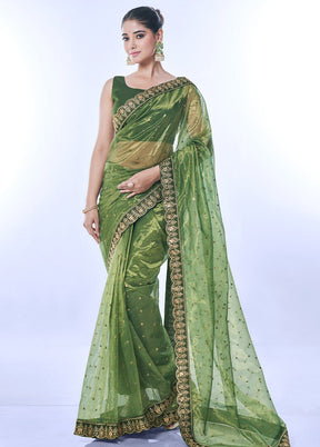 Green Net Saree With Blouse Piece