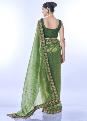 Green Net Saree With Blouse Piece