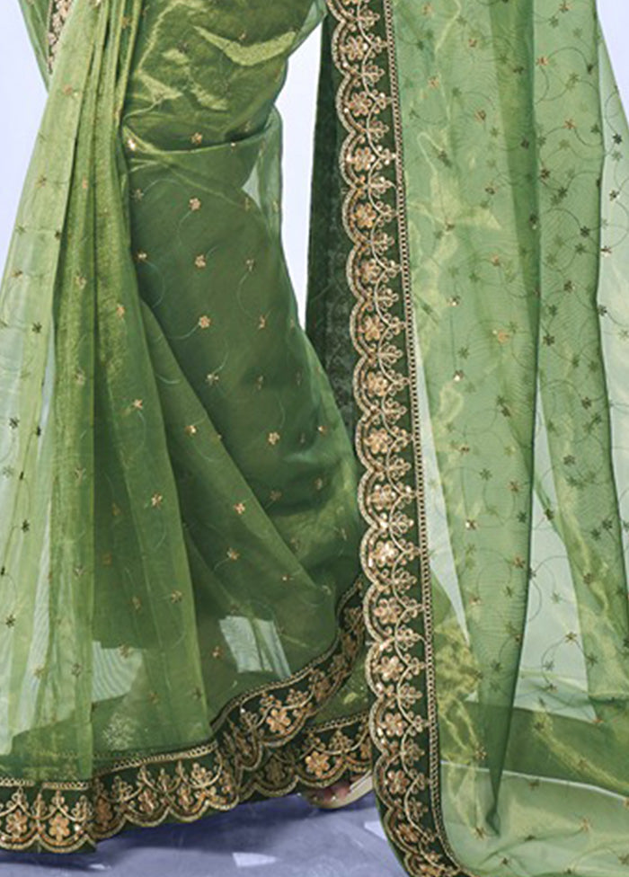 Green Net Saree With Blouse Piece